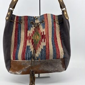 Myra Boho Bag Southwest Cowhide and Canvas Bucket Shoulder Bag